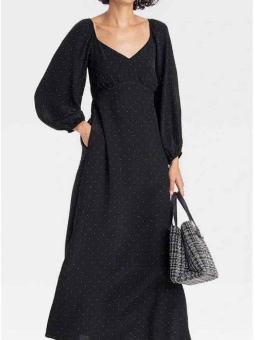 Polka Dot Midi Dress with Square Neck and Puff Sleeves